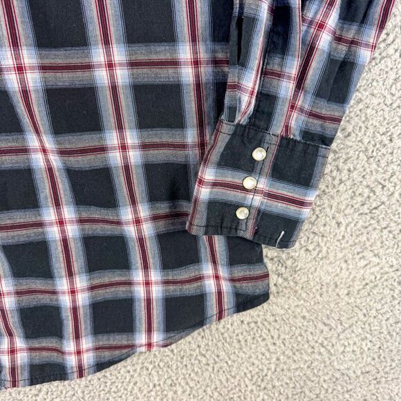 Wrangler Western Shirt Mens Medium Black Plaid Pearl Snap Cowboy Ranch Farm Work - Picture 4 of 10